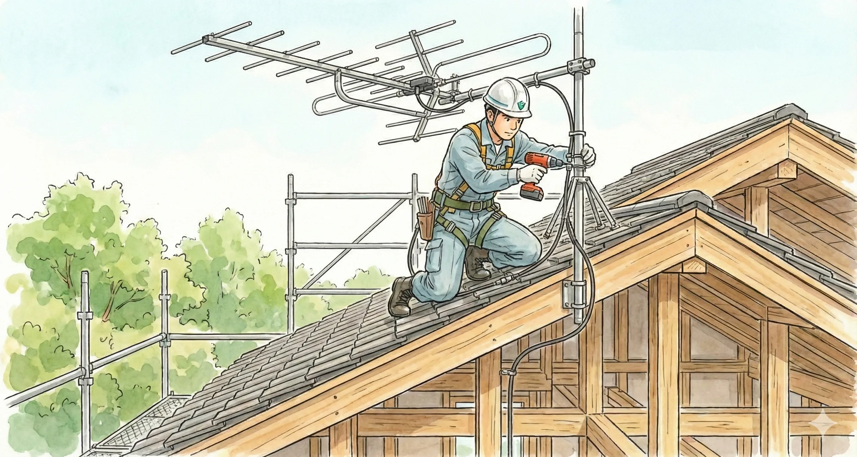 テレビ・BSアンテナ設置工事。高所作業も安全第一で施工します。